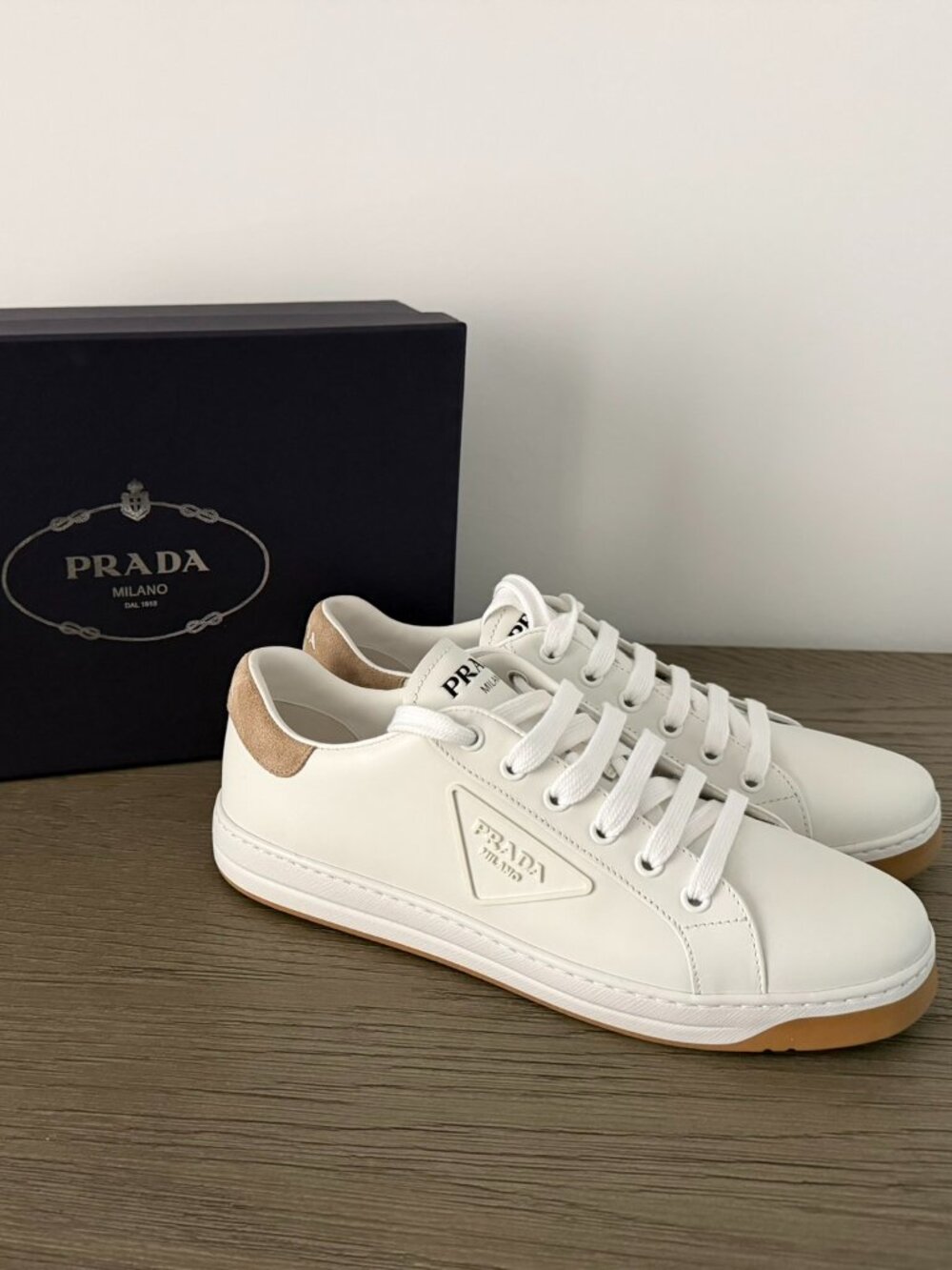 PRADA Calzature Donna Women's White/Tan Sneakers - Size 9 (39) - NEW!